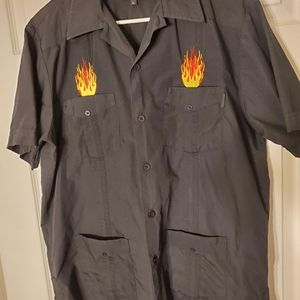 Dragonfly Guayabera Flames bowling shirt in black